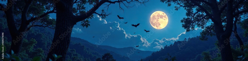 A forest at dusk with bats emerging from the trees under full moon, night scene, bats, wildlife A forest at dusk with bats emerging from the trees under full moon, night scene, bats, wildlife