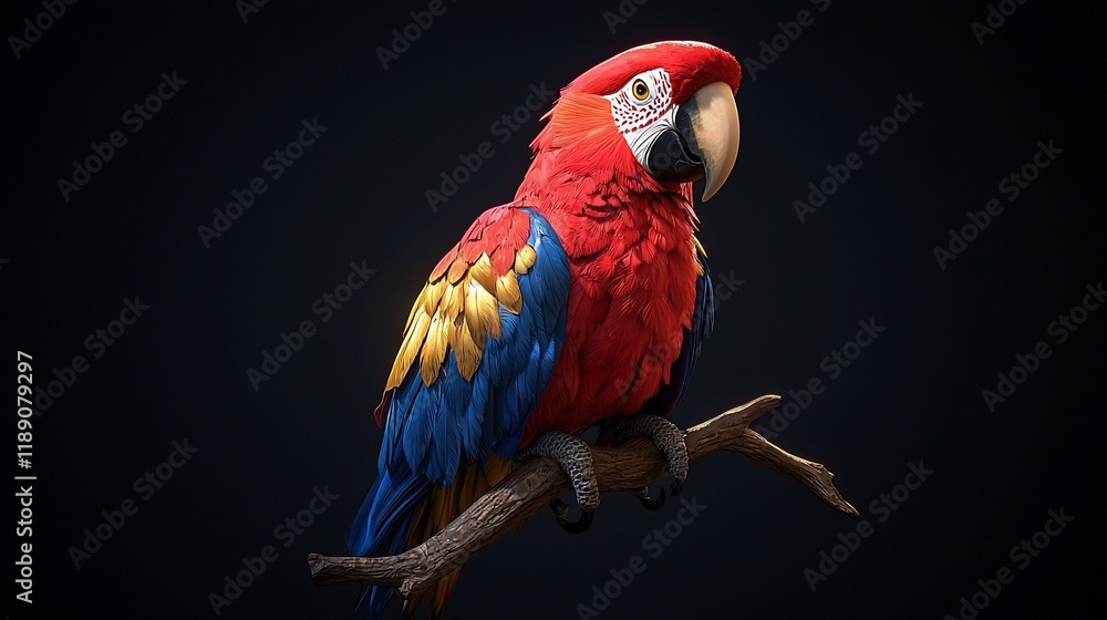 Obraz premium Scarlet macaw perched on a branch against a dark background.