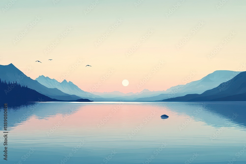 Fototapeta premium Serene Sunset Over Calm Mountain Lake Birds Fly