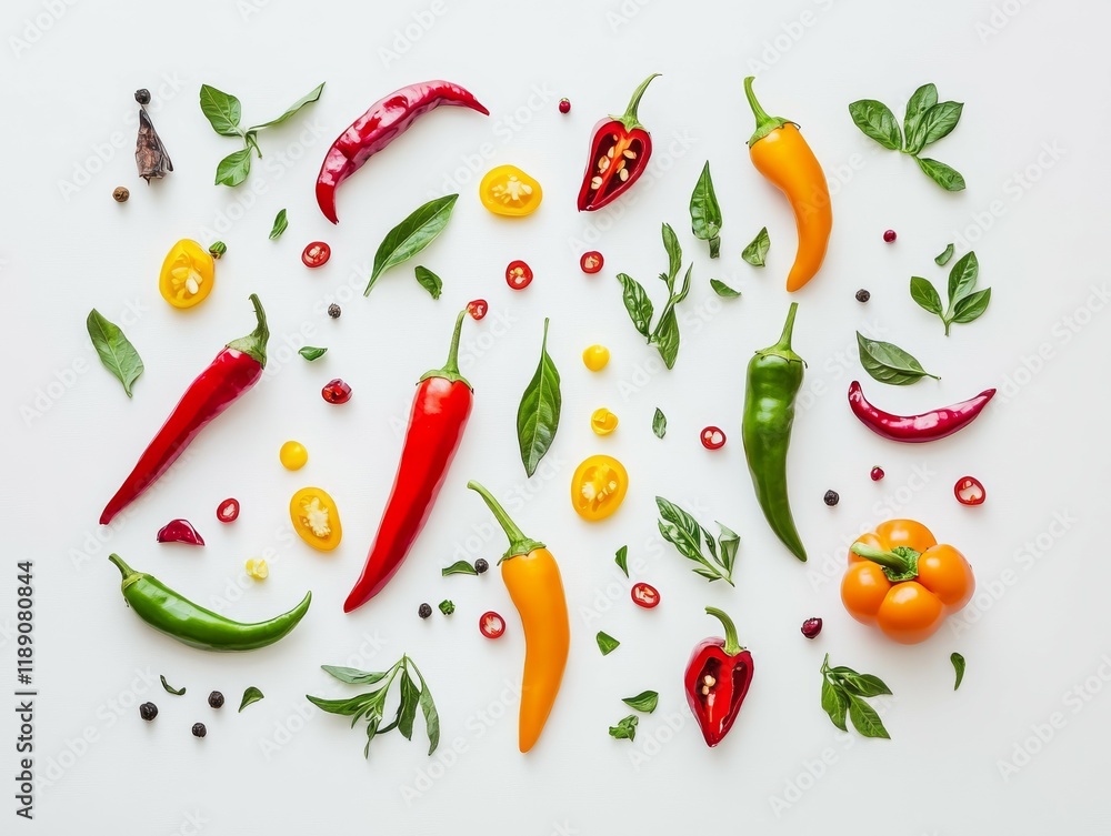 fresh assortment of chili peppers and green leaves fresh assortment of chili peppers and green leaves