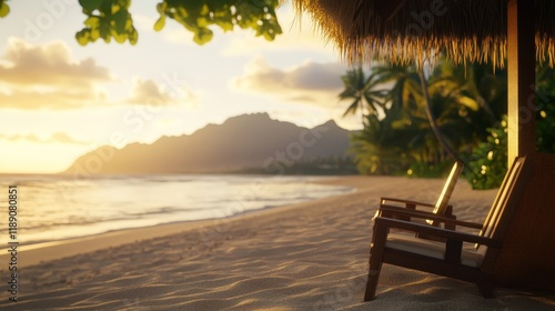 A serene beach scene at sunset with lounge chairs and palm trees.