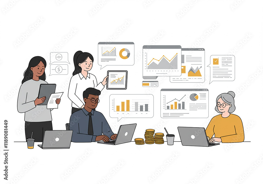Diverse Business Team Analyzing Financial Data Graphs Charts and Profits on Laptops and Tablets Diverse Business Team Analyzing Financial Data Graphs Charts and Profits on Laptops and Tablets