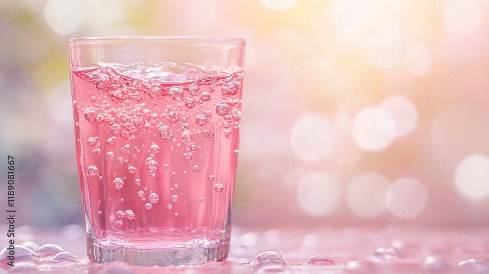 Pink bubbly drink in glass, outdoor bokeh Pink bubbly drink in glass, outdoor bokeh