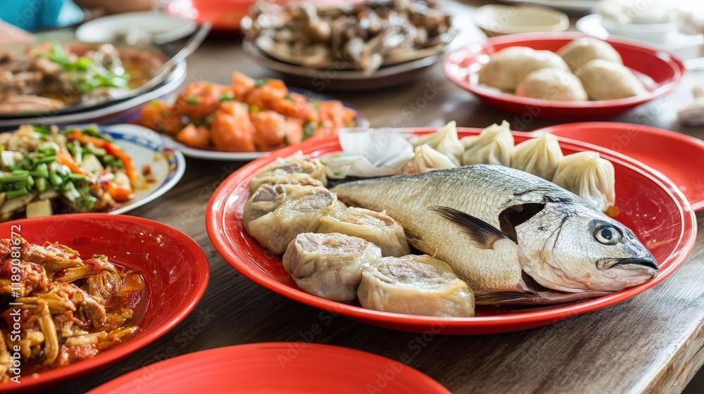 close-up shot of a Chinese New Year dinner table, showcasing an abundance of delicious traditional foods close-up shot of a Chinese New Year dinner table, showcasing an abundance of delicious traditional foods