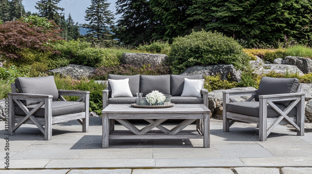 Gray Wooden Outdoor Patio Furniture Set with Cushions Gray Wooden Outdoor Patio Furniture Set with Cushions