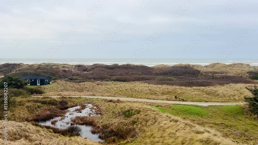 Beautiful Danish coastline landscape in the summer. Danish Coast. Dune grasses frame the coastline in the north of the west coast of Denmark. Landscape of a dry open field by the sea. Lovely Sunny day Beautiful Danish coastline landscape in the summer. Danish Coast. Dune grasses frame the coastline in the north of the west coast of Denmark. Landscape of a dry open field by the sea. Lovely Sunny day