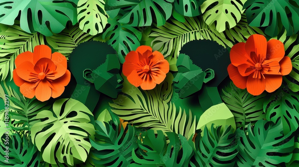 Naklejka premium Vibrant tropical scene with silhouettes and colorful flowers amidst lush greenery. celebration of African American history concept