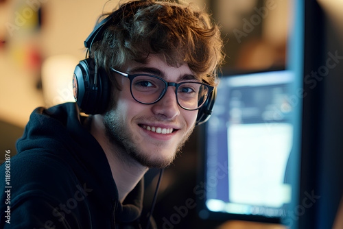 Portrait of a smiling young man wearing glasses and headphones while seated at a desk with a computer in the background.