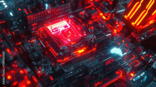 Close-up of illuminated CPU in computer motherboard.