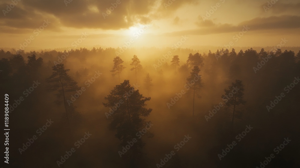 Fototapeta premium Misty forest sunrise, aerial view of golden sunlight through fog covering tall pine trees.