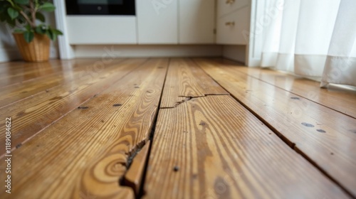 Close-up view of a cracked and damaged hardwood floor in a residential setting