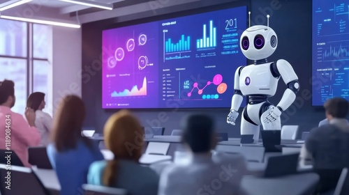 Wallpaper Mural A futuristic humanoid robot standing confidently at the front of a modern conference room, presenting business and economic data Torontodigital.ca