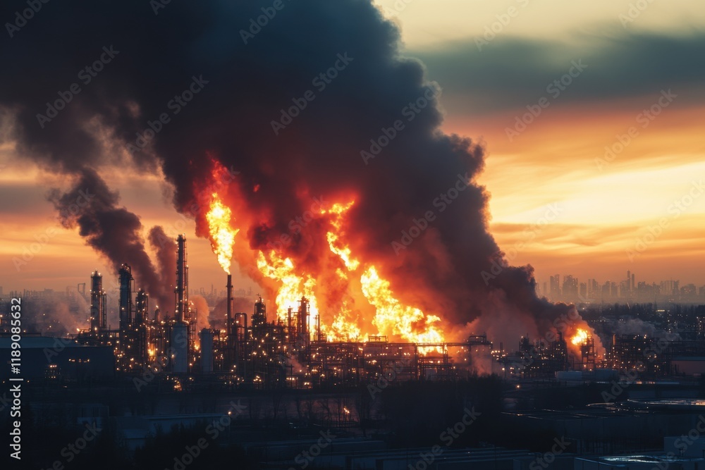 Massive industrial fire with thick black smoke and flames engulfing a refinery at sunset, highlighting environmental disaster Massive industrial fire with thick black smoke and flames engulfing a refinery at sunset, highlighting environmental disaster