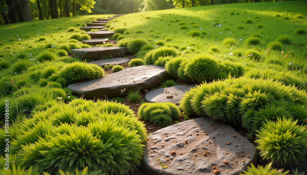 Stone pathway surrounded by lush green plants in a beautifully landscaped garden Stone pathway surrounded by lush green plants in a beautifully landscaped garden