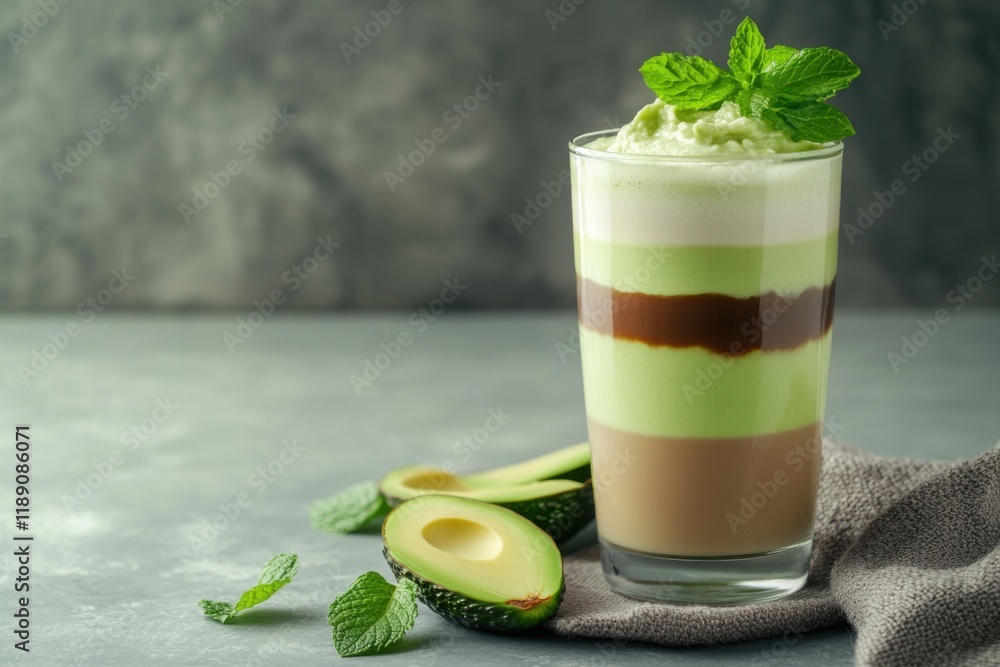 Layered avocado and chocolate smoothie topped with fresh mint leaves, served in a glass with avocado halves and a cloth napkin Layered avocado and chocolate smoothie topped with fresh mint leaves, served in a glass with avocado halves and a cloth napkin