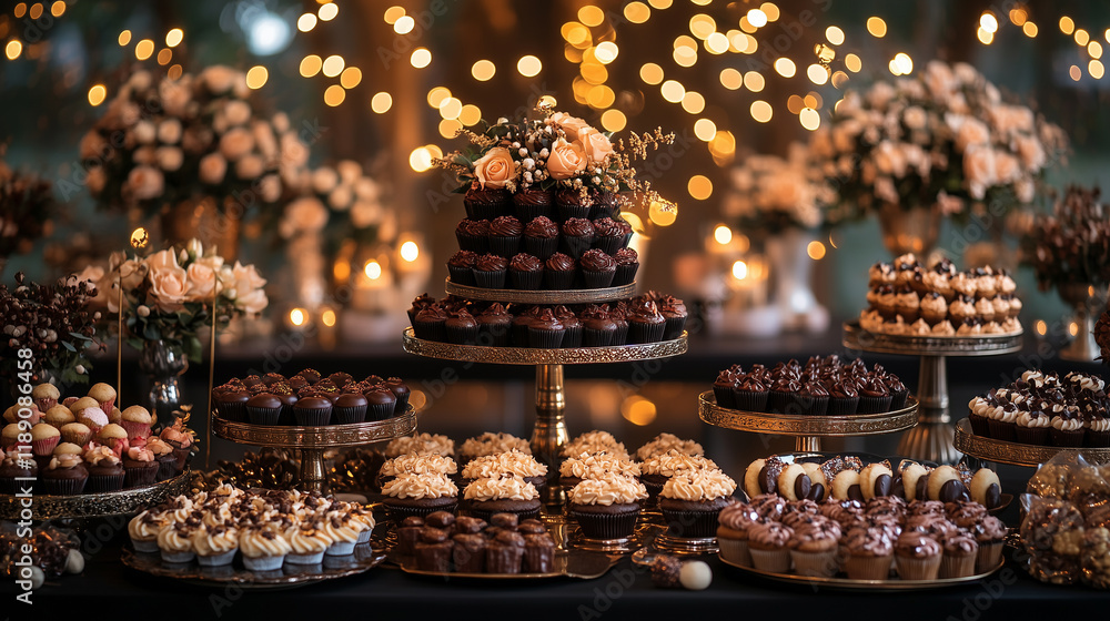 A black and gold wedding candy bar with an array of chocolates, cupcakes, and mini cakes on display under the glow of fairy lights at night. Commercial photograph, soft lighting, light background. A black and gold wedding candy bar with an array of chocolates, cupcakes, and mini cakes on display under the glow of fairy lights at night. Commercial photograph, soft lighting, light background.
