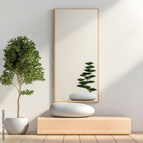 A sleek, minimalist mirror perfectly reflecting a serene Zen garden, symbolizing balance and mindfulness.