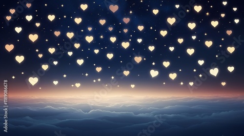 dark horizon blending into a rich navy sky, with glowing heart-shaped stars twinkling faintly photo