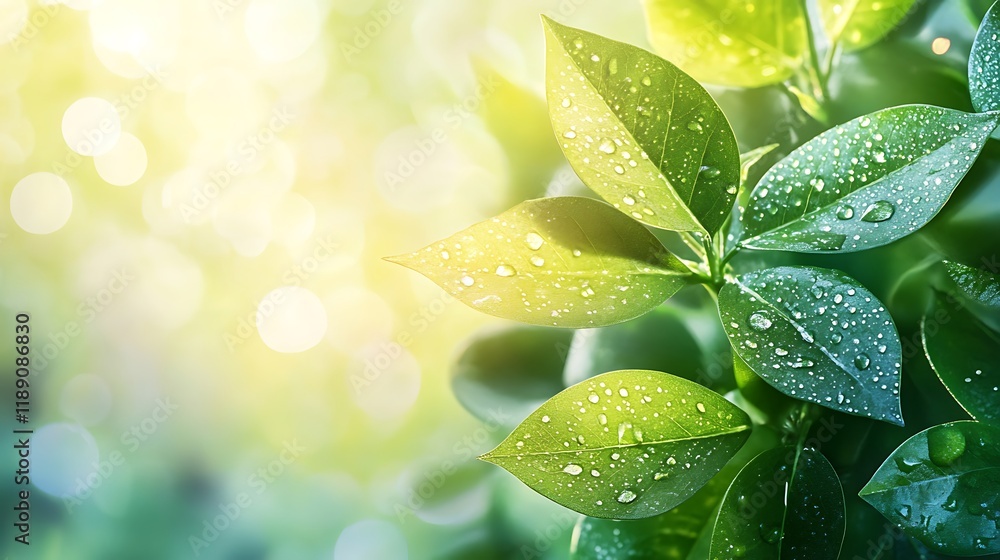 Fototapeta premium Morning dew on green leaves nature close-up vibrant freshness