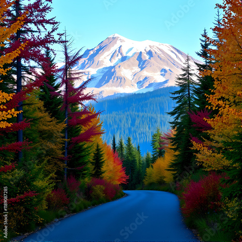 A paved path is surrounded by lush, vibrant fall foliage with the Tatoosh mountain range in the background at Mt. Rainier National Park in Washington state photo