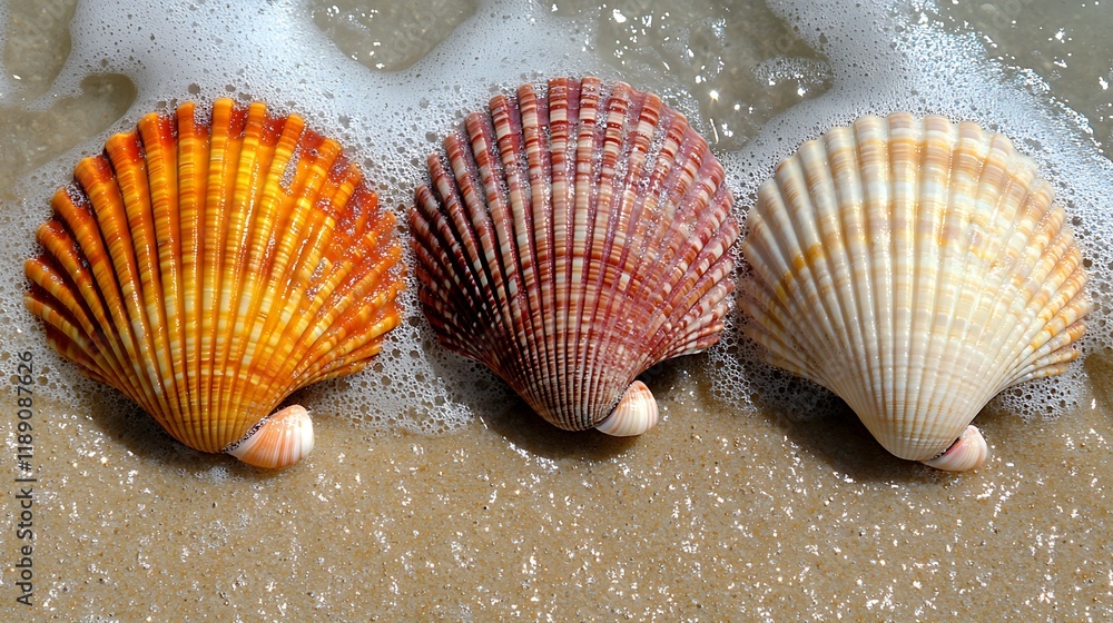 An aerial view of vibrant seashells scattered along a golden beach, with gentle waves rolling in and sunlight reflecting off the water. An aerial view of vibrant seashells scattered along a golden beach, with gentle waves rolling in and sunlight reflecting off the water.
