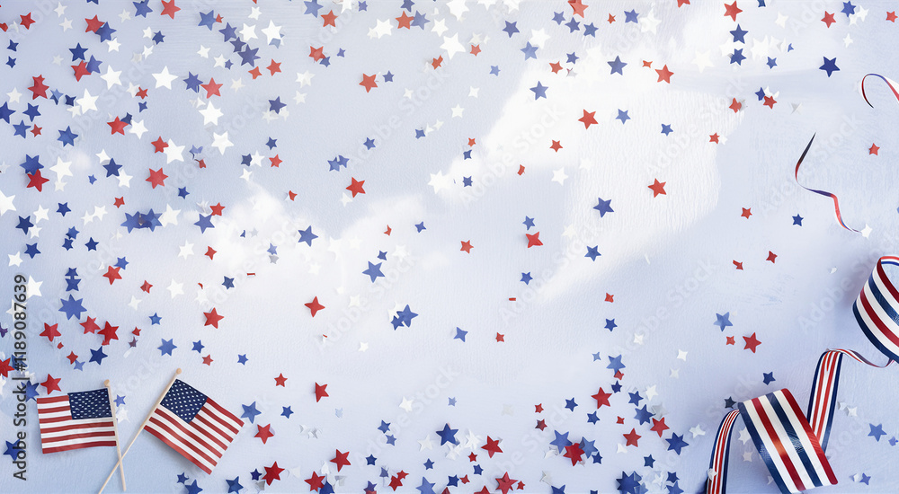 Obraz premium Patriotic American scene, wooden table background, scattered red white and blue confetti, small American flags, striped party hats, festive atmosphere, 4th of July celebration, Independence Day decor,