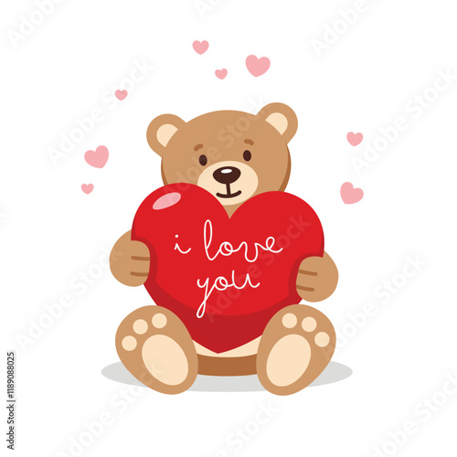 Teddy bear holding a red heart with I love you text. Valentine's day, Birthday, Mother's Day or baby shower greeting card design.