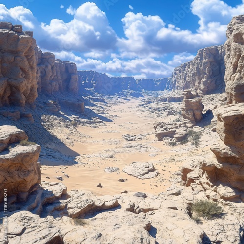 Majestic rocky canyon landscape shows sandy valley floor, distant mountains. Sunny day with clouds. Dry desert climate. Erosion patterns visible in rock formations. Nature scene. Wide open space. photo