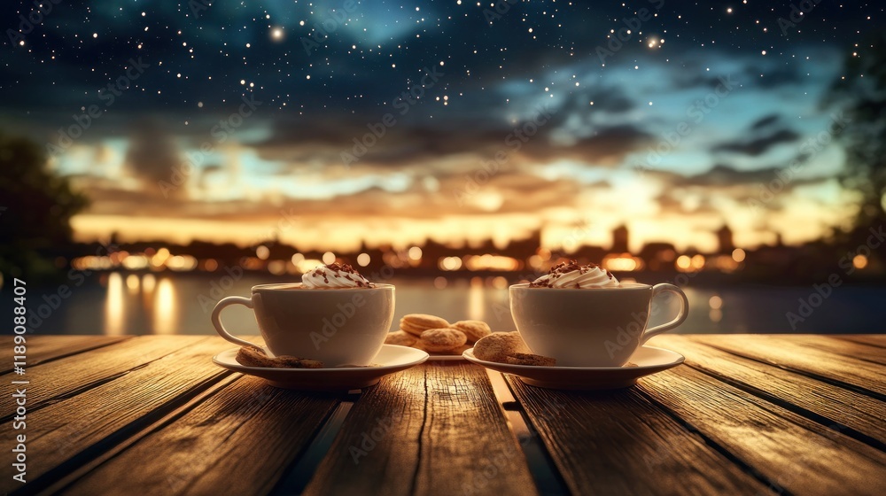 Two mugs of hot chocolate with cookies on wooden table at sunset. Two mugs of hot chocolate with cookies on wooden table at sunset.