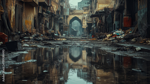 A dirty puddle of water on the ground in an alleyway, surrounded by old, dilapidated buildings and trash. The reflection in the muddy water captures the essence of the raw, gritty city streets. photo