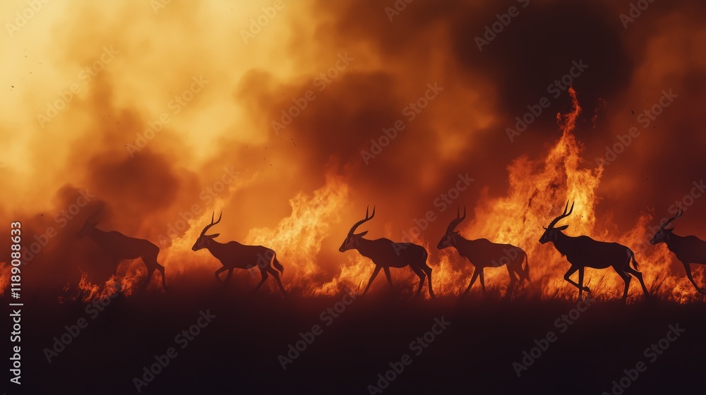 Fototapeta premium Herd of Antelope Fleeing Wildfire in Dramatic Silhouette Against Flames