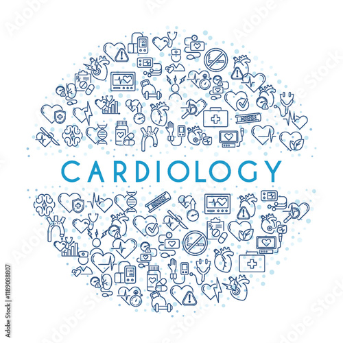 Cardiology Poster Template. Vector line icon, circle illustration for clinic. Heart, cardiogram, blood vessels, blood pressure, heart attack, cardiologist. Health care banner design.