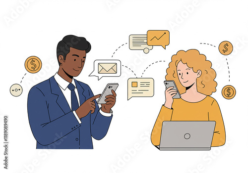 Businesspeople Using Smartphones Laptop Online Communication Financial Transactions and Data