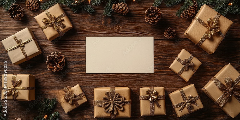 A collection of colorful gift boxes with a blank card on a wooden surface for special occasions valentine day A collection of colorful gift boxes with a blank card on a wooden surface for special occasions valentine day