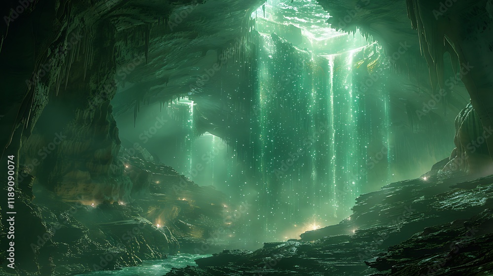 Fototapeta premium A dark alien cavern illuminated by bioluminescent creatures and flowing streams of light.