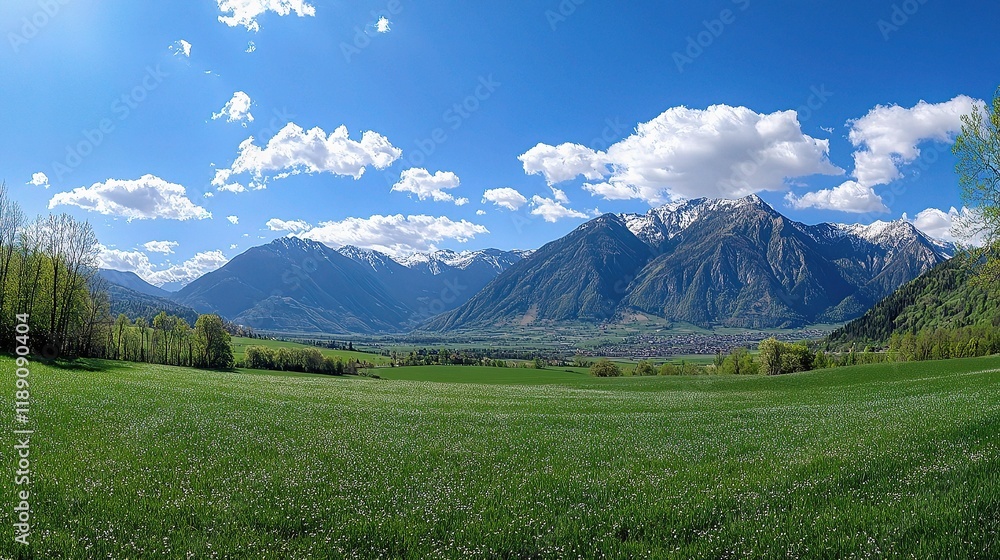 Fototapeta premium Panoramic View of Spring Green Fields with Majestic Mountain Backdrop