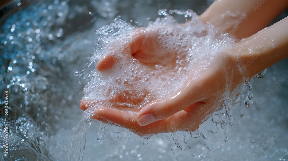 Fototapeta premium Water flowing through hands indoor setting close-up photography serenity