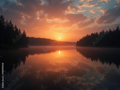 Wallpaper Mural A serene sunrise over a calm lake, with vibrant orange and pink hues reflecting on the water. The silhouettes of trees line the shore, creating a peaceful atmosphere Torontodigital.ca