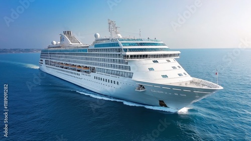 Luxury cruise ship sailing across a calm blue ocean, symbolizing travel, relaxation, maritime adventure, tropical vacation, and the elegance of high-end seafaring experiences, Generative AI