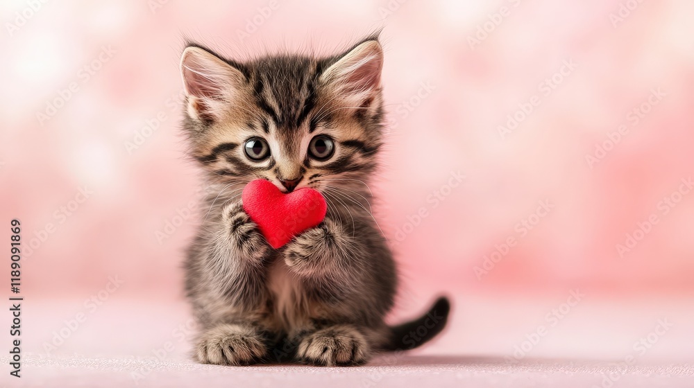 A kitten with a red heart-shaped toy, holding a tiny red heart in its mouth, set against a delicate pink background. A kitten with a red heart-shaped toy, holding a tiny red heart in its mouth, set against a delicate pink background.