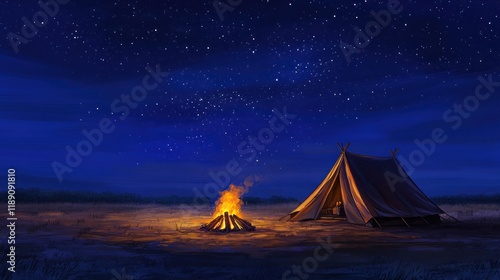 Campfire and tent under starry night sky. photo