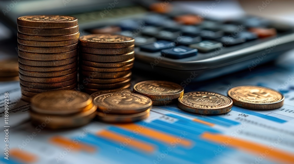 Stacks of coins on financial charts near calculator. Stacks of coins on financial charts near calculator.