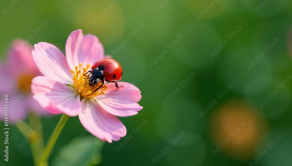 Fototapeta premium Ladybug resting gently on blossoming flower, soft focus, flower, soft focus