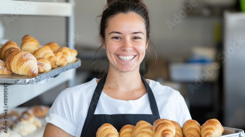 Australian chef woman carrying a tray of fresh baked croissants