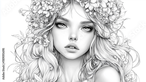 Fantasy woman, fantasy attire, fantasy asthetics, white background, bookline art style.