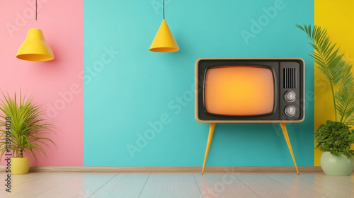 Retro pastel, A vintage TV set softly glowing with pastel tones, perfect for retro-themed design projects or nostalgic visuals. photo