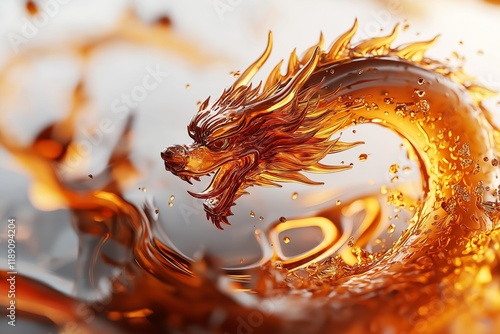 Golden molten dragon dynamically emerging from liquid gold, symbolizing energy, mythological power, fluid transformation, artistic intensity, and the fierce strength of legendary creatu, Generative AI photo