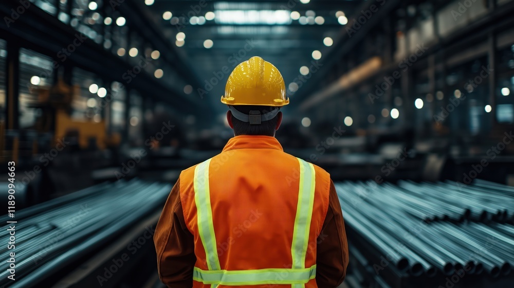 Worker in orange safety vest, yellow hard hat observes metal sheets in steel factory. Industrial setting with machinery, metal bars. Manufacturing process in progress. Focus on safety in production Worker in orange safety vest, yellow hard hat observes metal sheets in steel factory. Industrial setting with machinery, metal bars. Manufacturing process in progress. Focus on safety in production