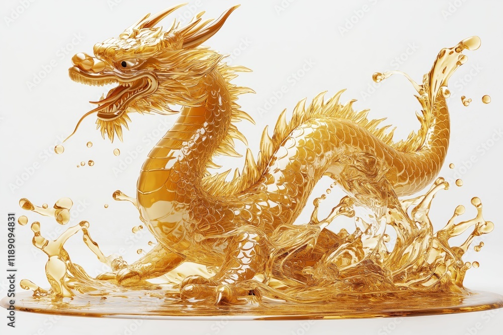 Fototapeta premium Golden molten dragon dynamically emerging from liquid gold, symbolizing energy, mythological power, fluid transformation, artistic intensity, and the fierce strength of legendary creatu, Generative AI