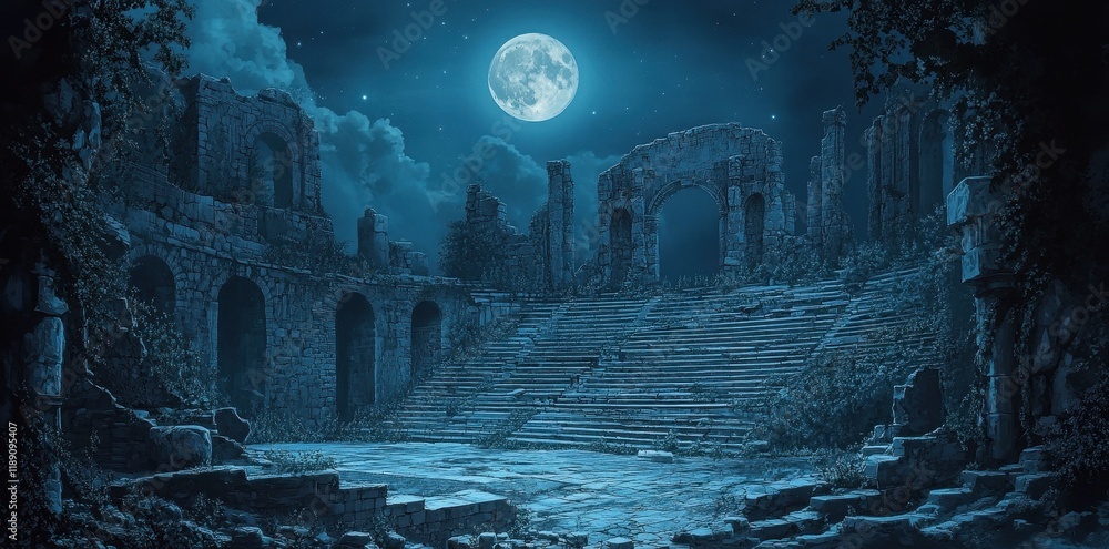 Obraz premium Ancient Ruins Under Moonlight A Serene Night Scene